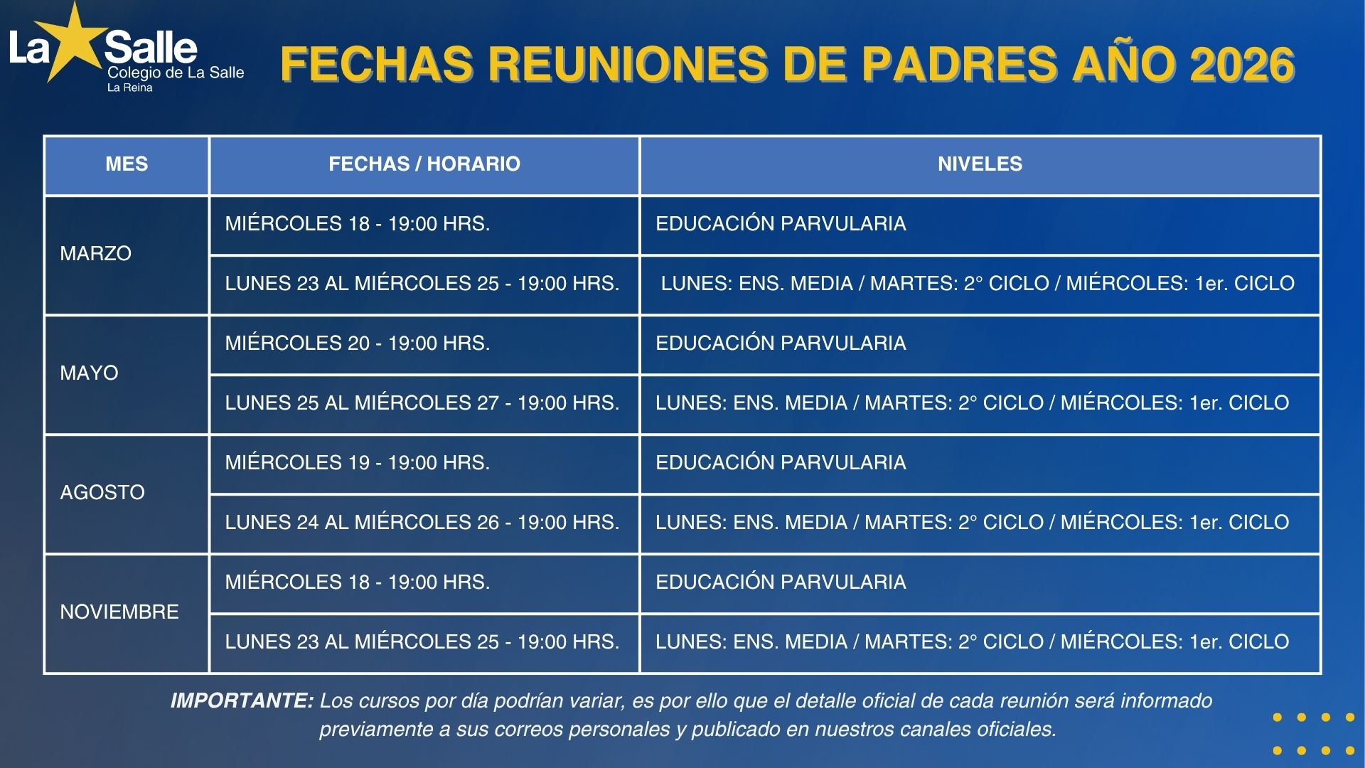 Reuniones de apoderados 2026 del Colegio La Salle La Reina